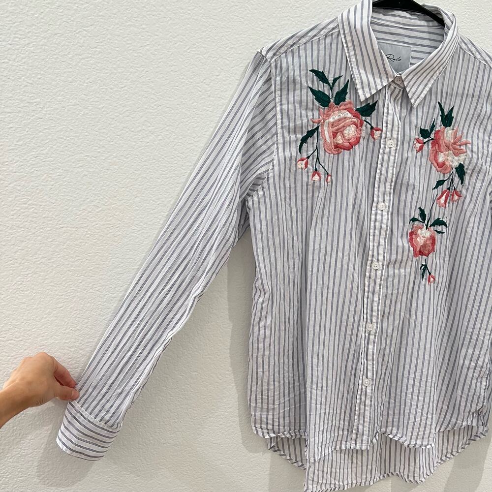 Rails Nevin Long Sleeve Button Down Shirt Pink Floral Embroidered Stripe Medium - Picture 6 of 16
